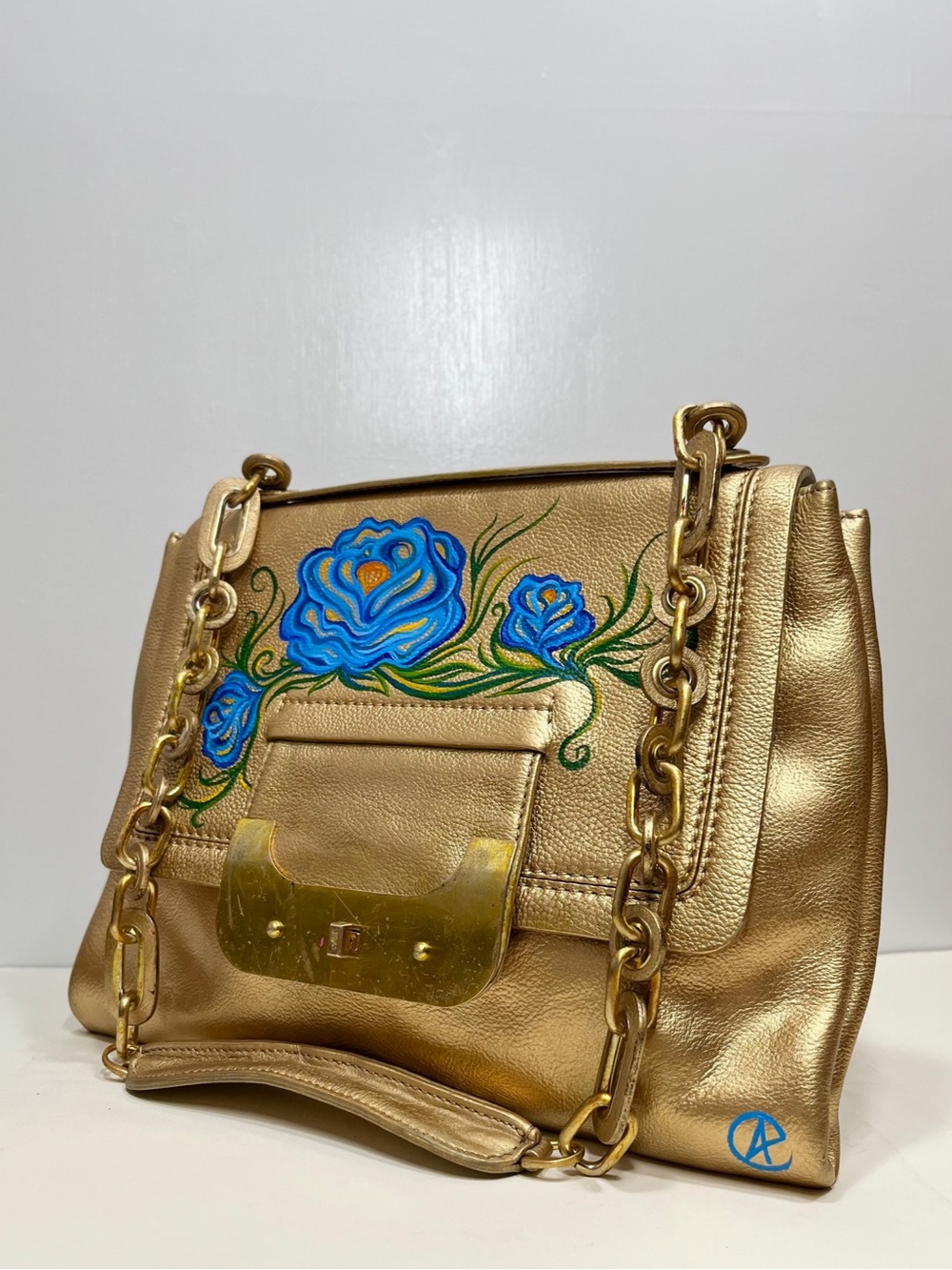 Diane Von Furstenberg Gold Shoulder Bag with Blue Floral Detail